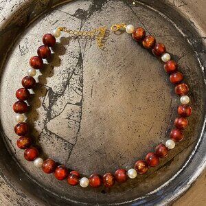 Handmade Red and White Beaded Necklace with Gold Color Clasp 15 Inches Long